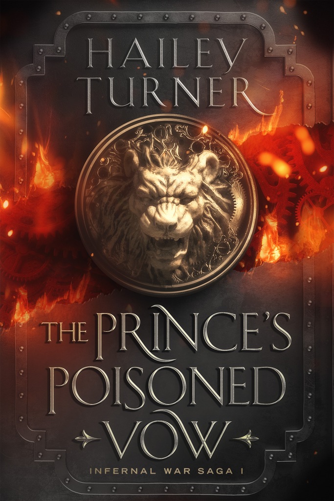 A marble lion head medallion surrounded by gears and flames. Hailey Turner's The Prince's Poisoned Vow (Infernal War Saga I).